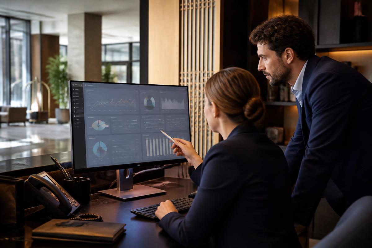 Hotelteam bekijkt samen een dashboard met campagne- en bezettingscijfers