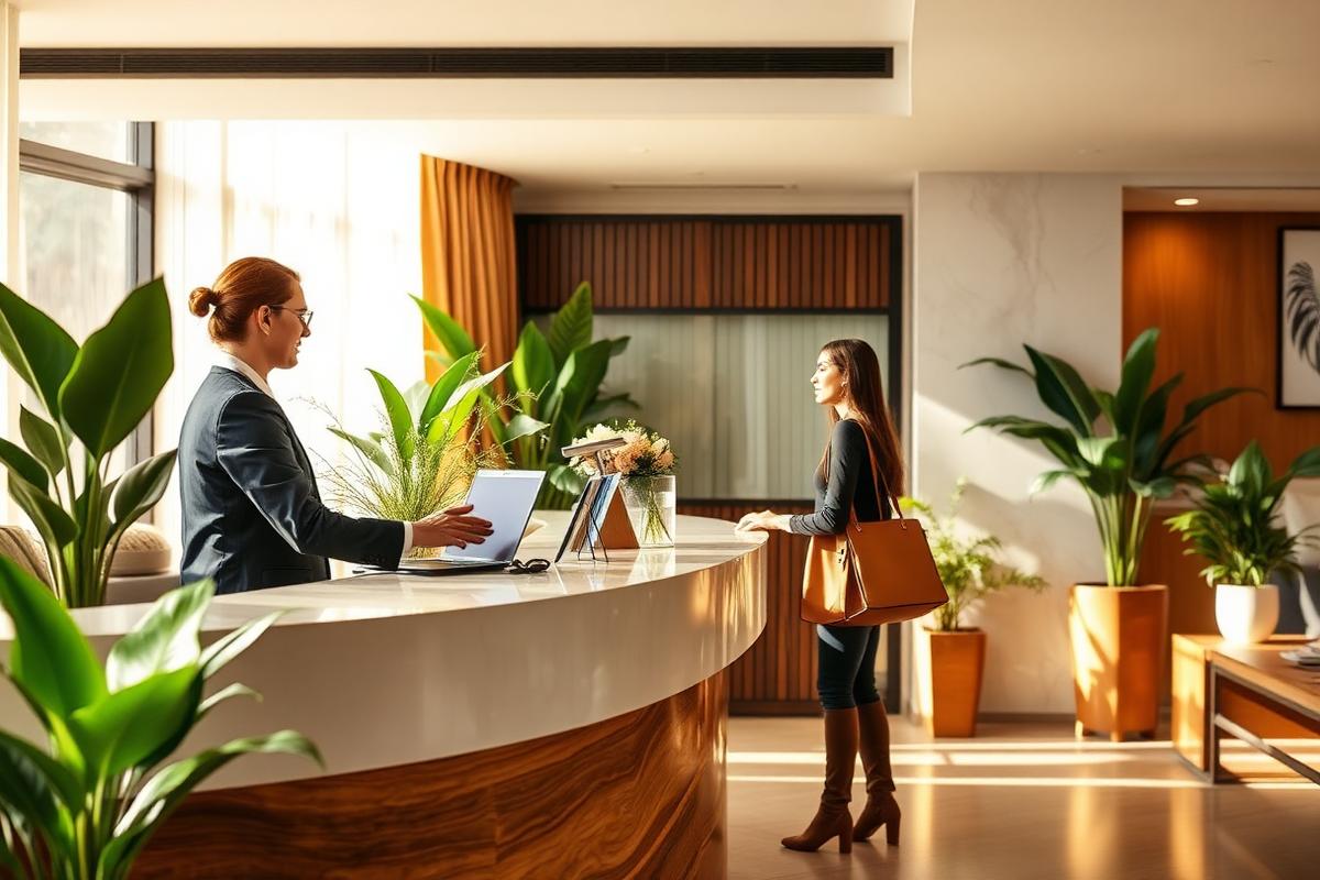 Receptionist verwelkomt een aankomende gast bij de balie van een boutique hotel