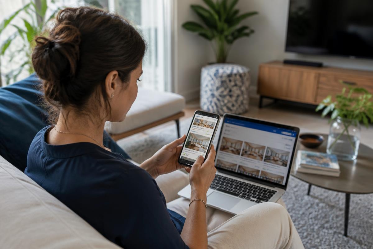 Gast vergelijkt hotels op haar telefoon en laptop vanuit huis