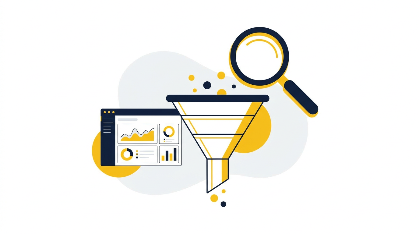 Illustratie van een conversiefunnel met weinig bezoekers en een analyse van knelpunten