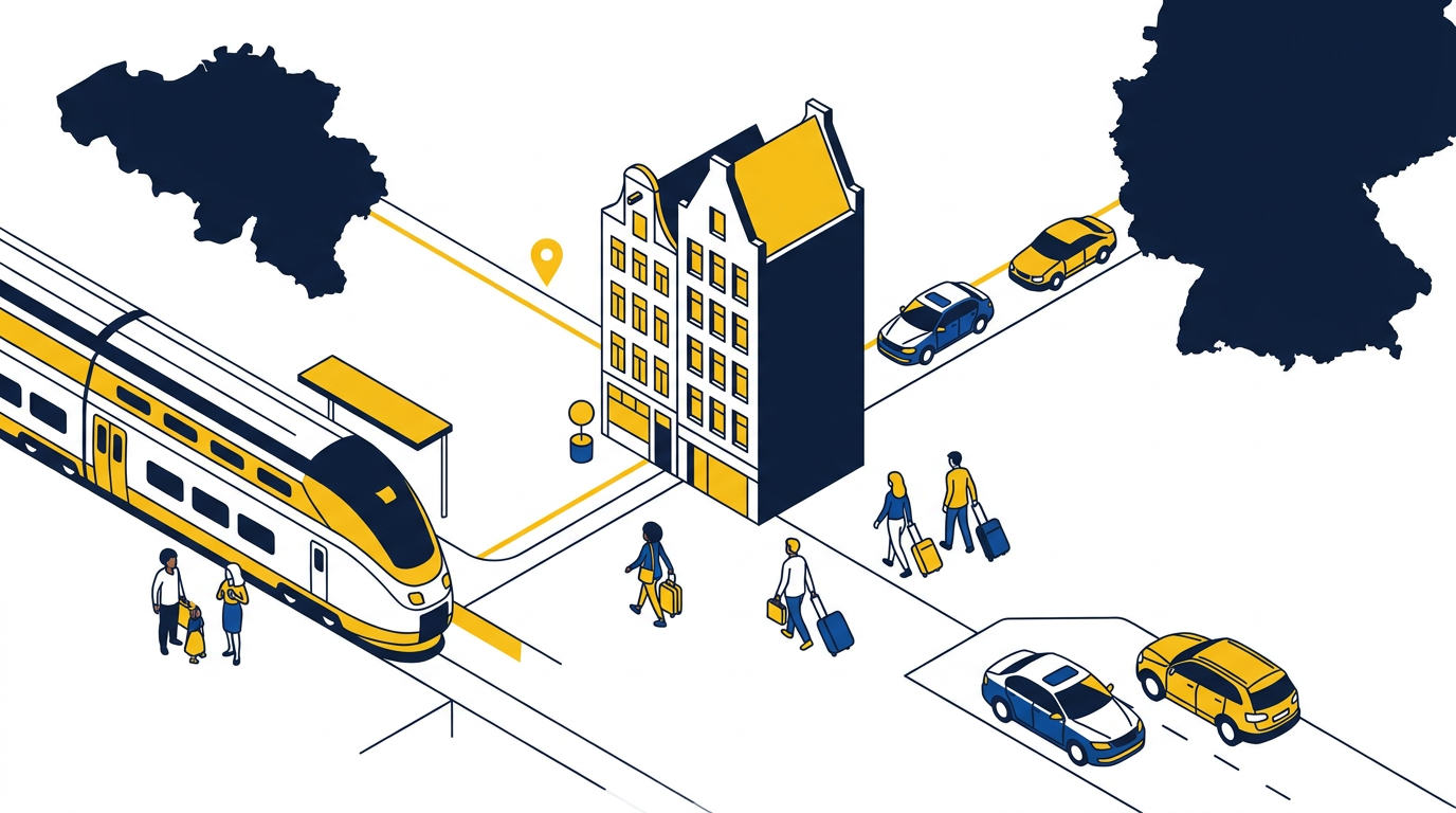 Hotelgasten uit België en Duitsland reizen per auto en trein naar een Nederlands hotel