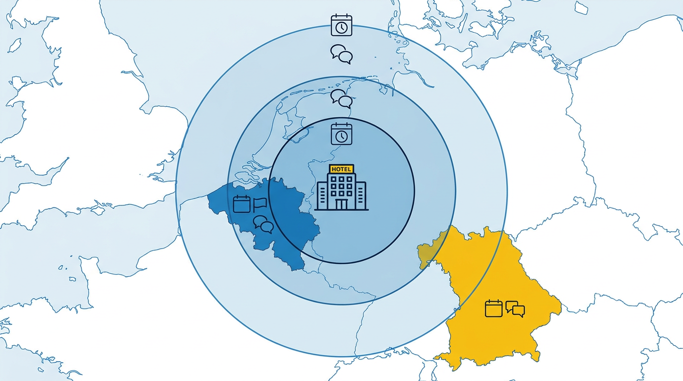 Kaart met reistijdzones, taalgebieden en boekingsperiodes rond een Nederlands hotel