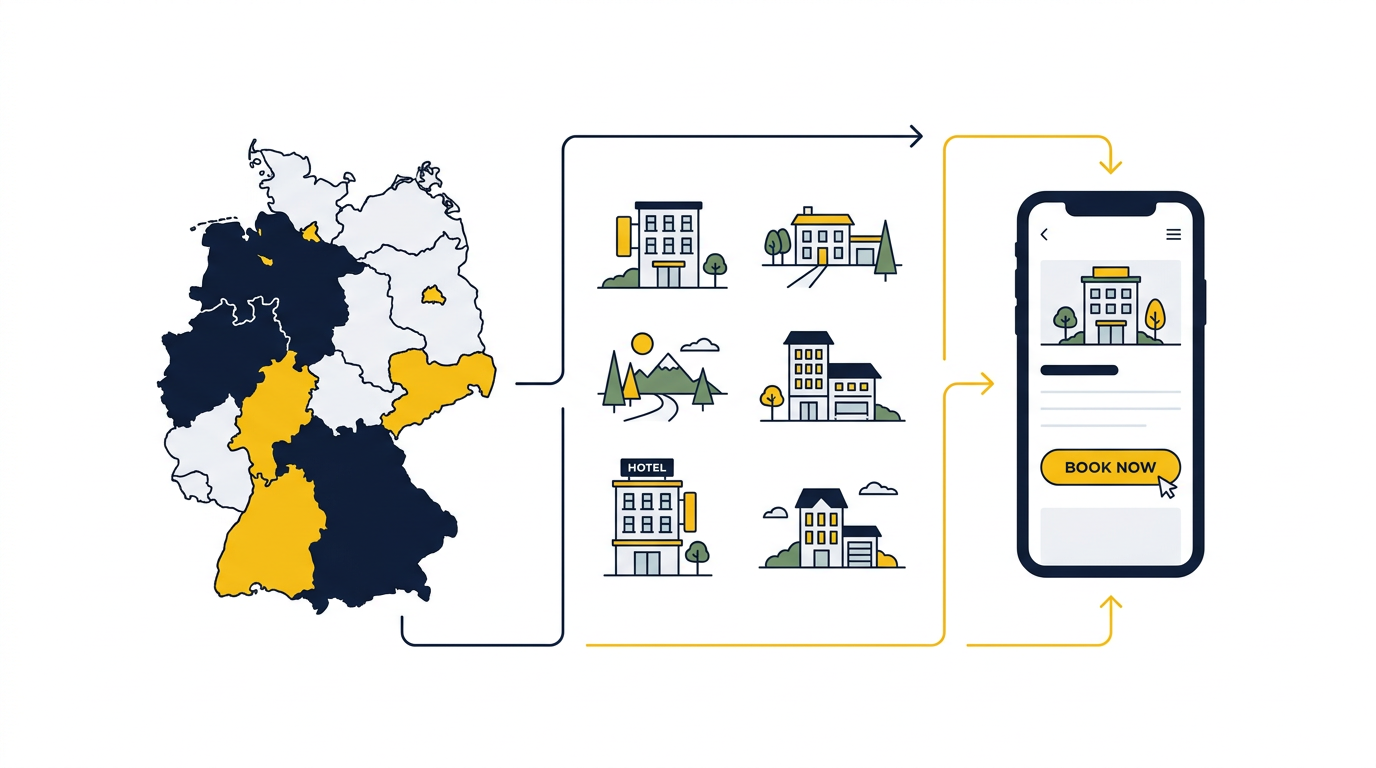 Schematische weergave van Duitse targeting, hotelcreatives en de directe boekingsroute