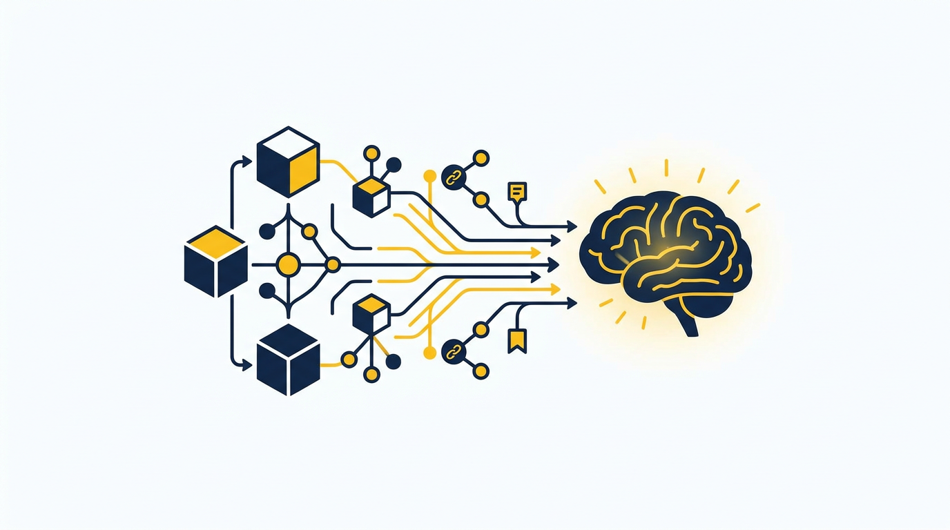 Illustratie van gestructureerde B2B-content, entiteiten en bronnen die door een generatieve zoekmachine worden verwerkt