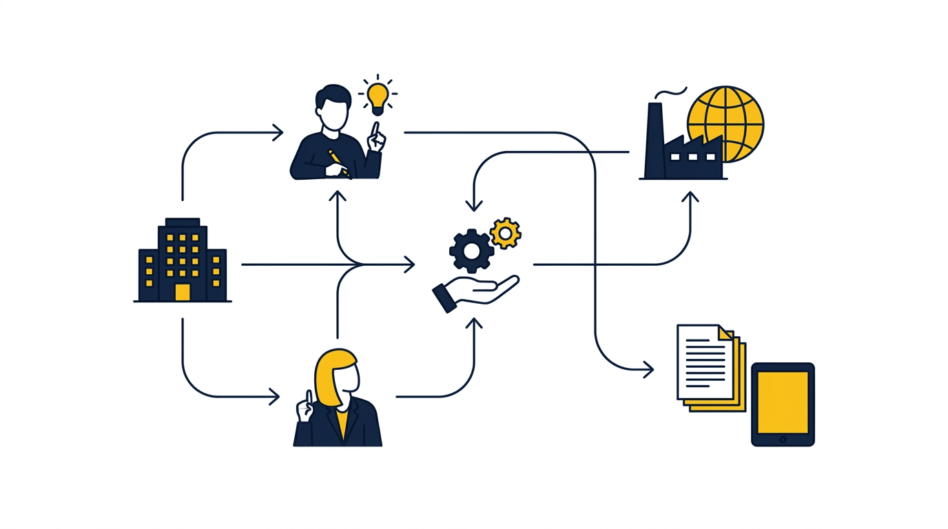 Schematische illustratie van gekoppelde B2B-entiteiten en bronvermeldingen