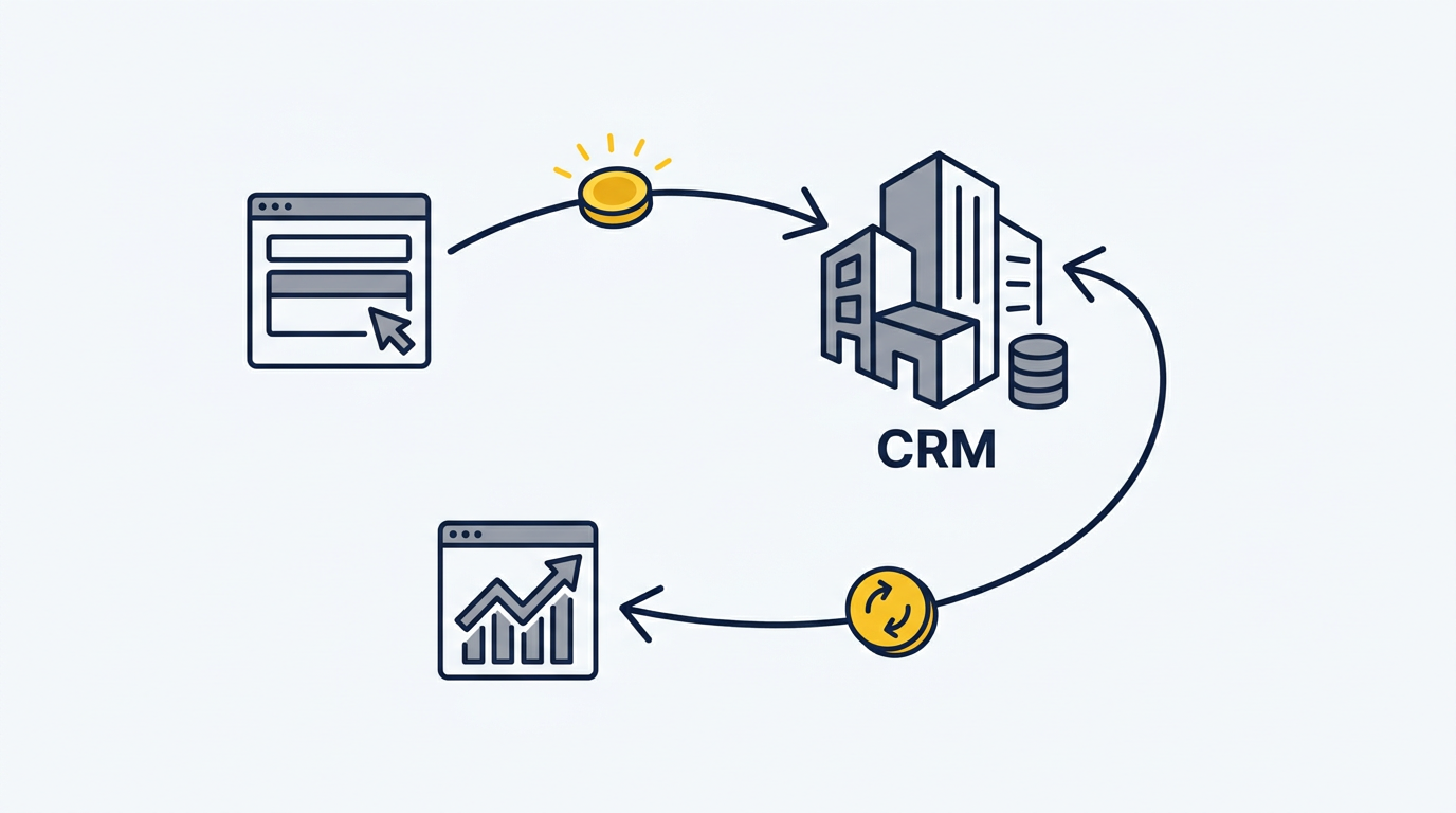Schema van een klik-ID die via een formulier en CRM als offline conversiewaarde teruggaat naar Google Ads