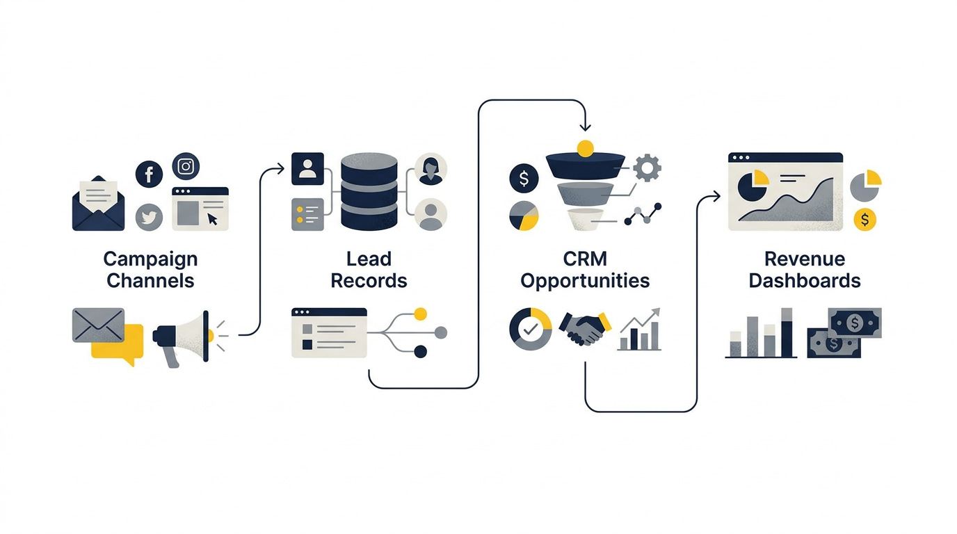 Illustratie van marketingkanalen die via leads en CRM-verkoopkansen aan omzet worden gekoppeld