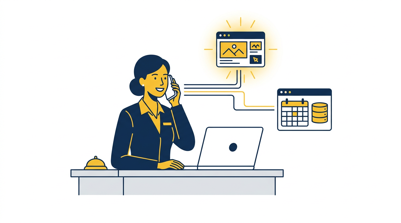 Hotelreceptionist koppelt een telefoongesprek uit een advertentie aan een reservering