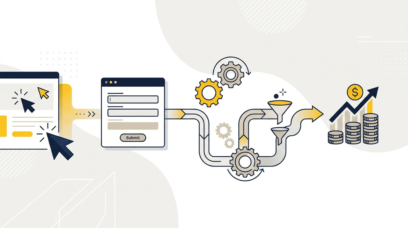 Schema van Google Ads-klikken die via een formulier en CRM leiden tot gekwalificeerde leads en gesloten omzet