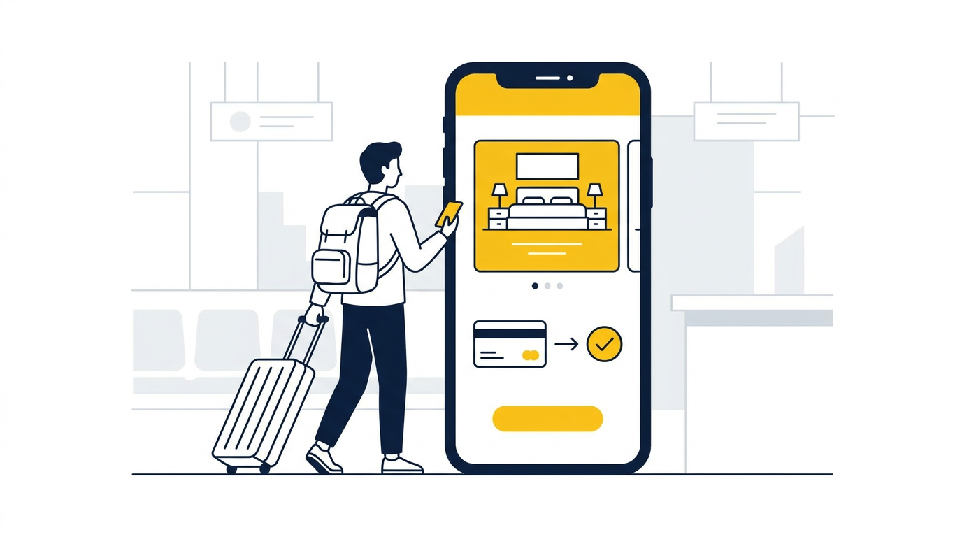 Gast doorloopt een mobiele boekingsroute voor een hotelkamer