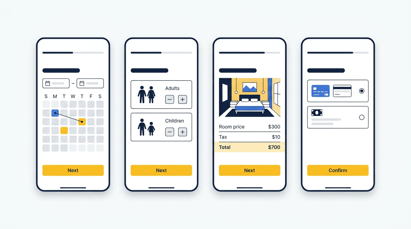 Schematische mobiele hotelboekingsflow van datumkeuze tot betaling
