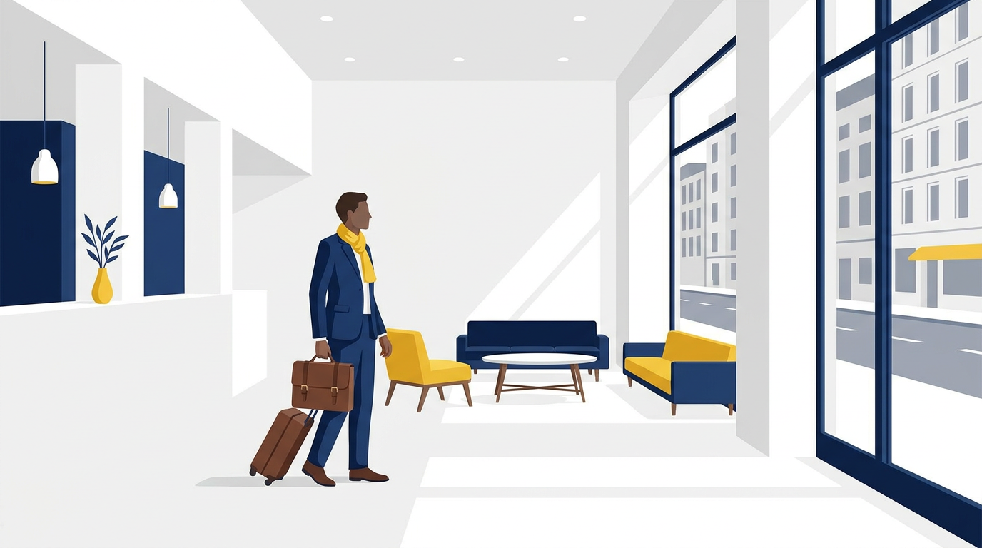 Zakelijke hotelgast arriveert met laptoptas en koffer bij een hotel