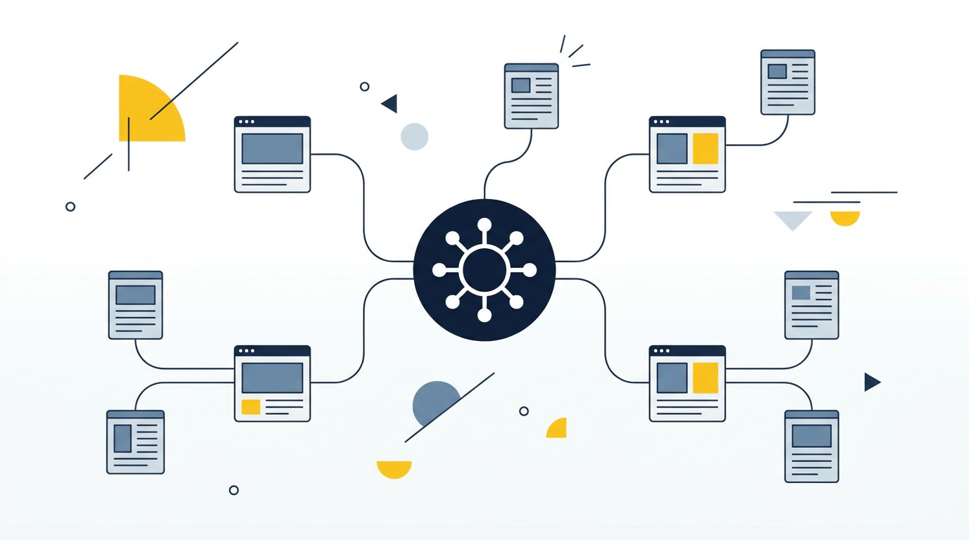 Schematische interne links structuur met een hubpagina, dienstpagina’s en verdiepende artikelen