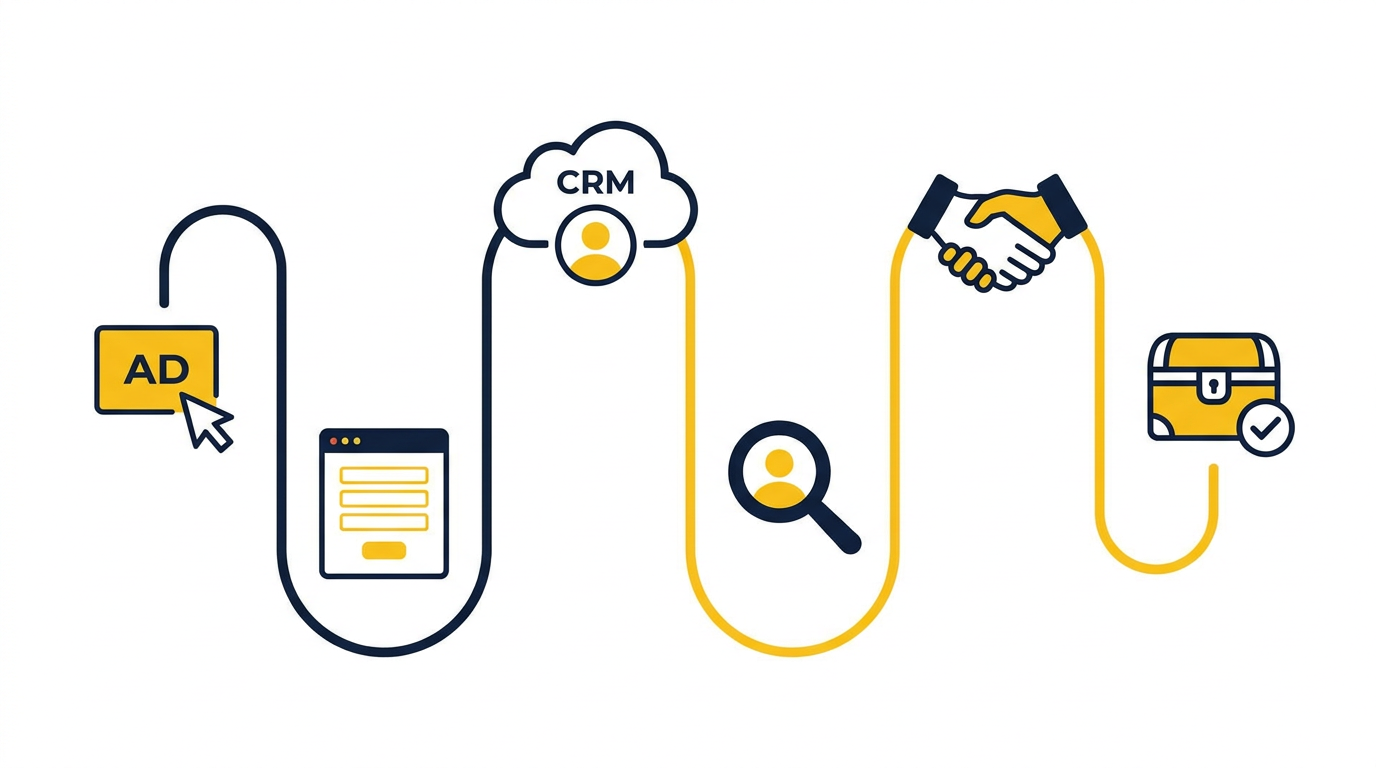 Schematische gegevensstroom van advertentieklik naar formulier, CRM-lead, verkoopkans en gewonnen deal