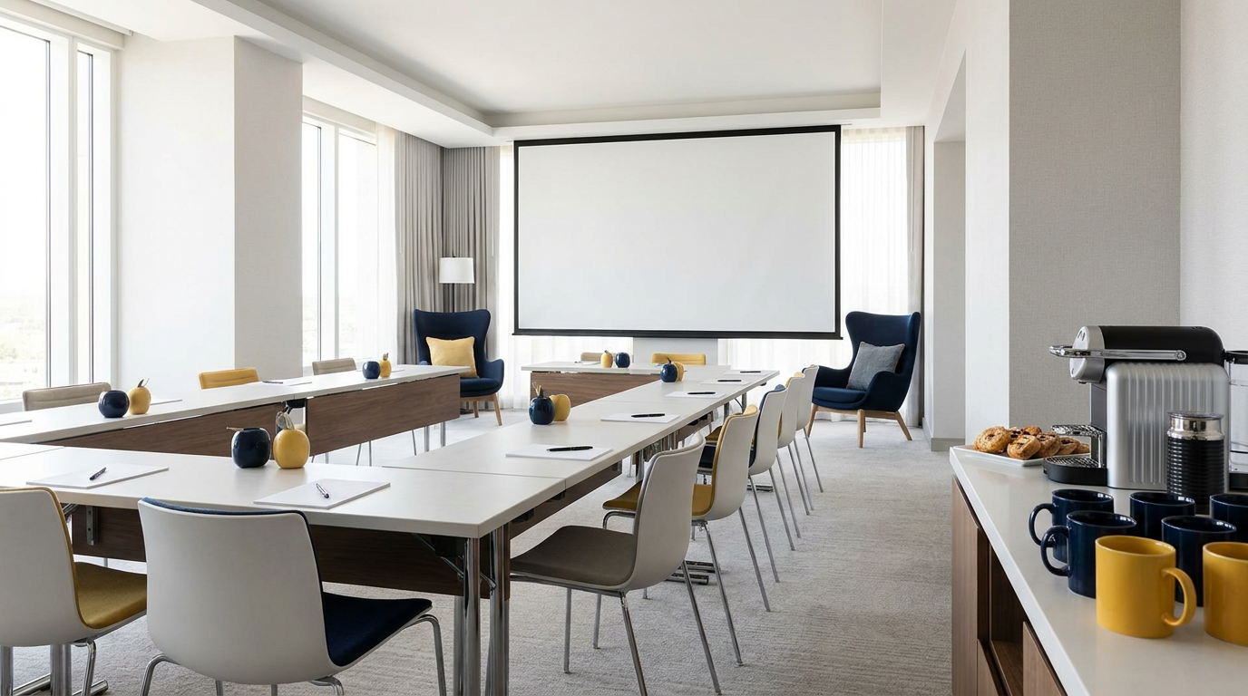 Hotelvergaderzaal ingericht voor een zakelijke bijeenkomst