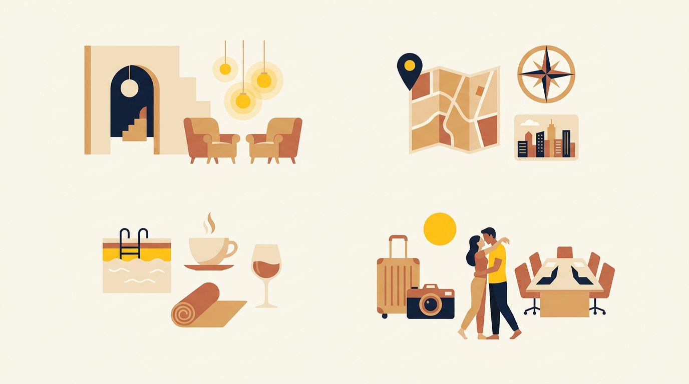 Illustratie van zoekwoordclusters rond sfeer, locatie, faciliteiten en verblijfsredenen voor een boutique hotel