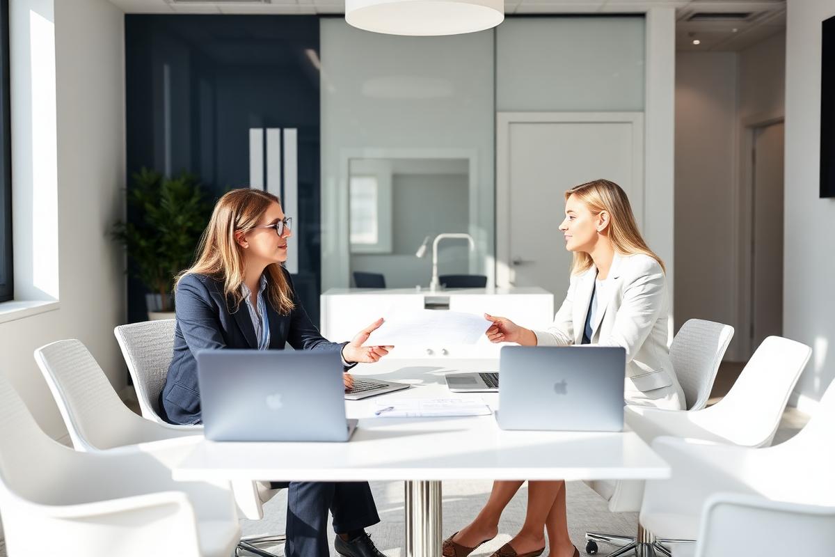 Zakelijk gesprek tussen twee professionals in een moderne vergaderruimte