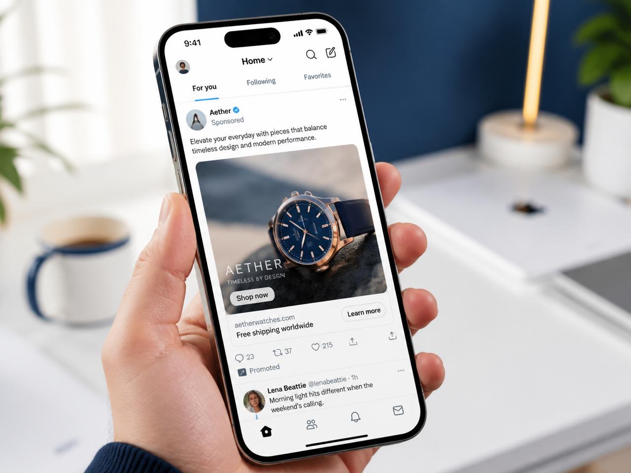 Smartphone met een social media advertentie in de feed