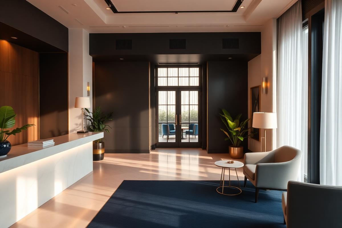 Sfeervolle lobby van een boutique hotel met receptiebalie